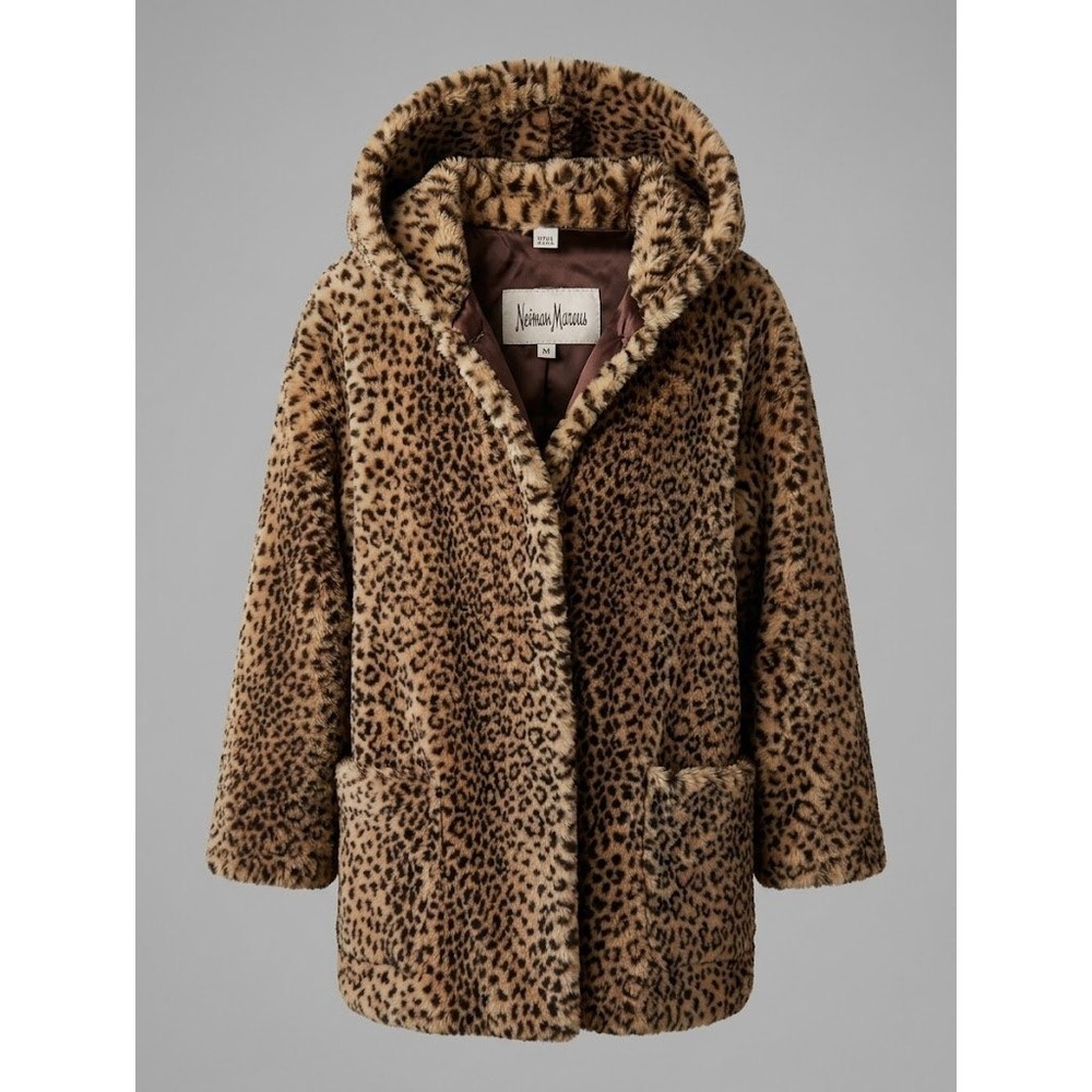 Vintage 80s Neiman Marcus Faux Fur Hooded Coat Brown Leopard Mob Wife USA Made